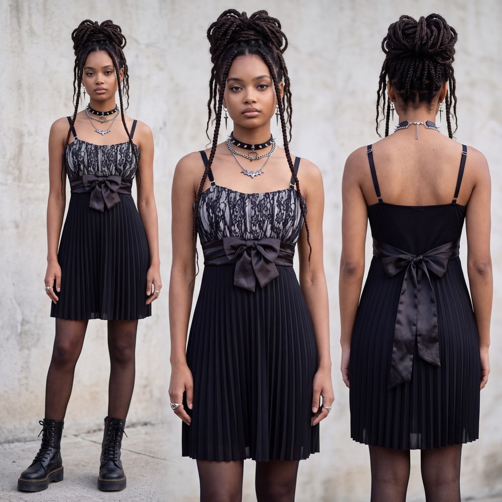 Y2K Deb Black Lace Pleated Babydoll Dress Goth Small M 4-6 Coquette HOCO vintage